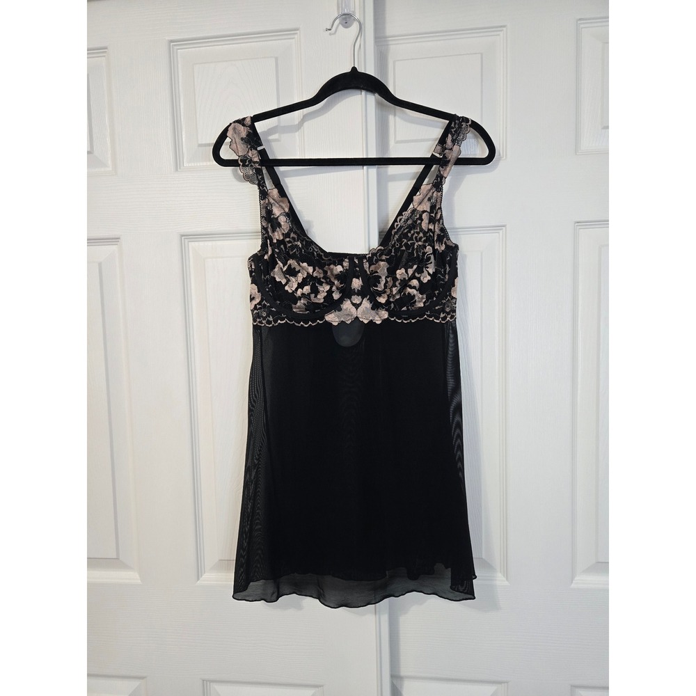 Auden Black Pink Floral Lace Mesh Underwire Babydoll Lingerie Top L